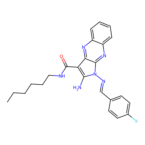 (E)-2-amino-1-((4-fluorobenzylidene)amino)-N-hexyl-1H-pyrrolo[2,3-b]quinoxaline-3-carboxamide structure