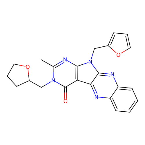 11-(furan-2-ylmethyl)-2-methyl-3-((tetrahydrofuran-2-yl)methyl)-3H-pyrimido[5',4':4,5]pyrrolo[2,3-b]quinoxalin-4(11H)-one structure