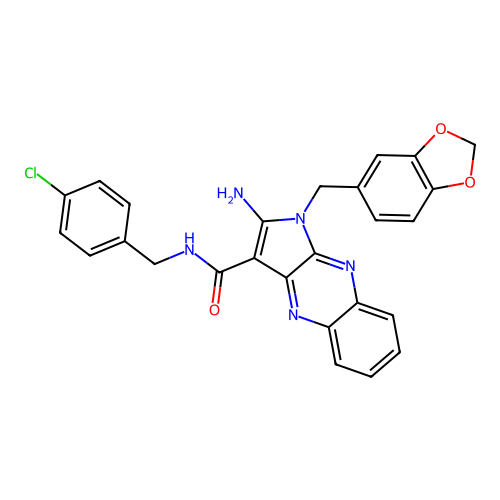 2-amino-1-(1,3-benzodioxol-5-ylmethyl)-N-(4-chlorobenzyl)-1H-pyrrolo[2,3-b]quinoxaline-3-carboxamide structure