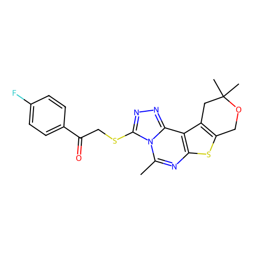 1-(4-fluorophenyl)-2-((5,10,10-trimethyl-10,11-dihydro-8H-pyrano[4',3':4,5]thieno[3,2-e][1,2,4]triazolo[4,3-c]pyrimidin-3-yl)thio)ethanone structure