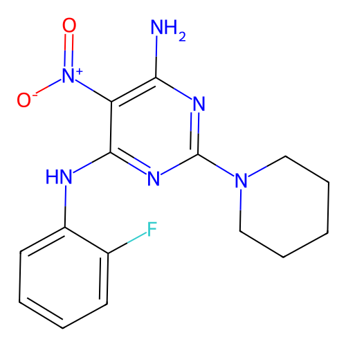 N-(2-fluorophenyl)-5-nitro-2-(piperidin-1-yl)pyrimidine-4,6-diamine structure