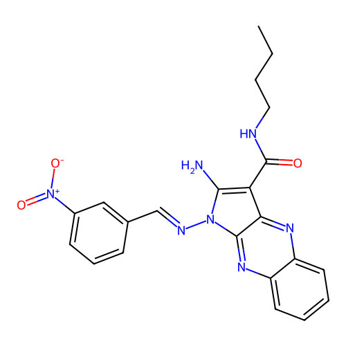 (E)-2-amino-N-butyl-1-((3-nitrobenzylidene)amino)-1H-pyrrolo[2,3-b]quinoxaline-3-carboxamide structure
