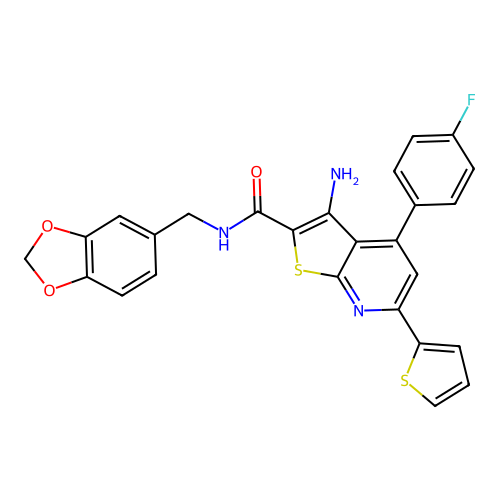 3-amino-N-(1,3-benzodioxol-5-ylmethyl)-4-(4-fluorophenyl)-6-(thiophen-2-yl)thieno[2,3-b]pyridine-2-carboxamide structure