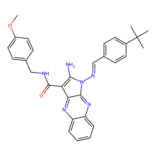 (E)-2-amino-1-((4-(tert-butyl)benzylidene)amino)-N-(4-methoxybenzyl)-1H-pyrrolo[2,3-b]quinoxaline-3-carboxamide structure
