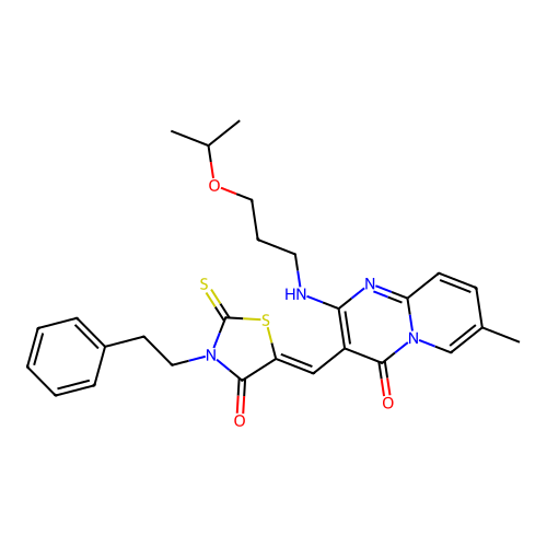 7-methyl-3-{(Z)-[4-oxo-3-(2-phenylethyl)-2-thioxo-1,3-thiazolidin-5-ylidene]methyl}-2-{[3-(propan-2-yloxy)propyl]amino}-4H-pyrido[1,2-a]pyrimidin-4-one structure