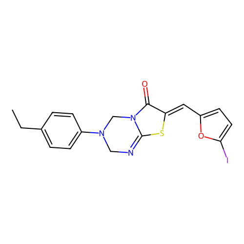 (7Z)-3-(4-ethylphenyl)-7-[(5-iodofuran-2-yl)methylidene]-2,4-dihydro-[1,3]thiazolo[3,2-a][1,3,5]triazin-6-one structure