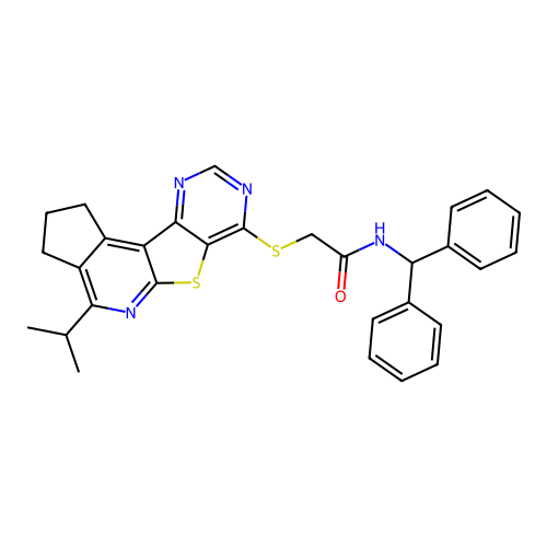 N-(diphenylmethyl)-2-{[4-(propan-2-yl)-2,3-dihydro-1H-cyclopenta[4',5']pyrido[3',2':4,5]thieno[3,2-d]pyrimidin-7-yl]sulfanyl}acetamide structure