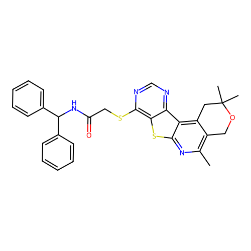 N-(diphenylmethyl)-2-[(2,2,5-trimethyl-1,4-dihydro-2H-pyrano[4'',3'':4',5']pyrido[3',2':4,5]thieno[3,2-d]pyrimidin-8-yl)sulfanyl]acetamide structure