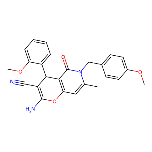 2-amino-6-(4-methoxybenzyl)-4-(2-methoxyphenyl)-7-methyl-5-oxo-5,6-dihydro-4H-pyrano[3,2-c]pyridine-3-carbonitrile structure