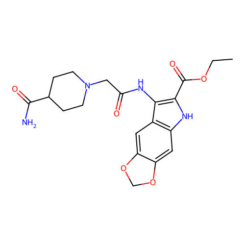 ethyl 7-(2-(4-carbamoylpiperidin-1-yl)acetamido)-5H-[1,3]dioxolo[4,5-f]indole-6-carboxylate structure