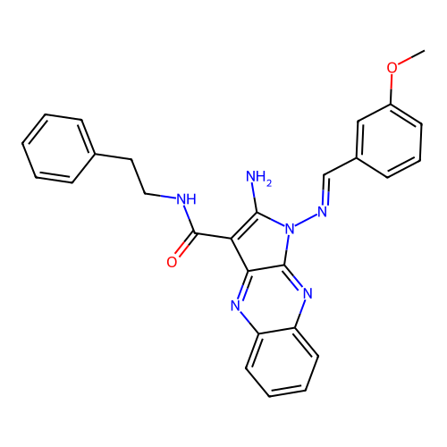 (E)-2-amino-1-((3-methoxybenzylidene)amino)-N-phenethyl-1H-pyrrolo[2,3-b]quinoxaline-3-carboxamide structure