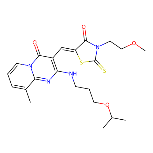 3-{(Z)-[3-(2-methoxyethyl)-4-oxo-2-thioxo-1,3-thiazolidin-5-ylidene]methyl}-9-methyl-2-{[3-(propan-2-yloxy)propyl]amino}-4H-pyrido[1,2-a]pyrimidin-4-one structure