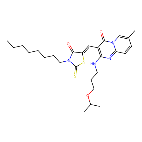 7-methyl-3-[(Z)-(3-octyl-4-oxo-2-thioxo-1,3-thiazolidin-5-ylidene)methyl]-2-{[3-(propan-2-yloxy)propyl]amino}-4H-pyrido[1,2-a]pyrimidin-4-one structure