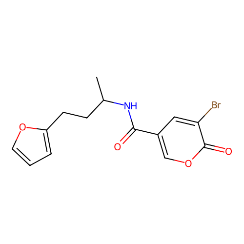 3-bromo-N-(4-(furan-2-yl)butan-2-yl)-2-oxo-2H-pyran-5-carboxamide structure