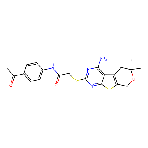 N-(4-acetylphenyl)-2-((4-amino-6,6-dimethyl-6,8-dihydro-5H-pyrano[4',3':4,5]thieno[2,3-d]pyrimidin-2-yl)thio)acetamide structure