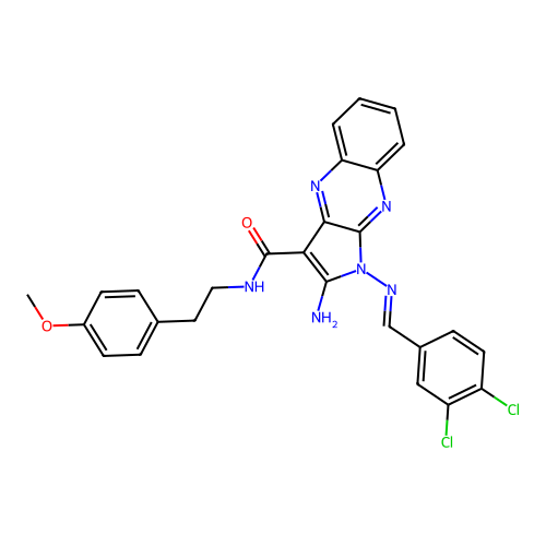 (E)-2-amino-1-((3,4-dichlorobenzylidene)amino)-N-(4-methoxyphenethyl)-1H-pyrrolo[2,3-b]quinoxaline-3-carboxamide structure