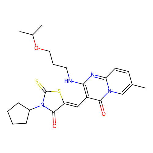 3-[(Z)-(3-cyclopentyl-4-oxo-2-thioxo-1,3-thiazolidin-5-ylidene)methyl]-7-methyl-2-{[3-(propan-2-yloxy)propyl]amino}-4H-pyrido[1,2-a]pyrimidin-4-one structure