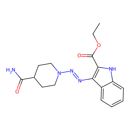 ethyl 3-[(E)-(4-carbamoylpiperidin-1-yl)diazenyl]-1H-indole-2-carboxylate structure