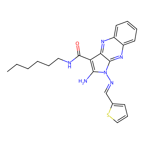 (E)-2-amino-N-hexyl-1-((thiophen-2-ylmethylene)amino)-1H-pyrrolo[2,3-b]quinoxaline-3-carboxamide structure