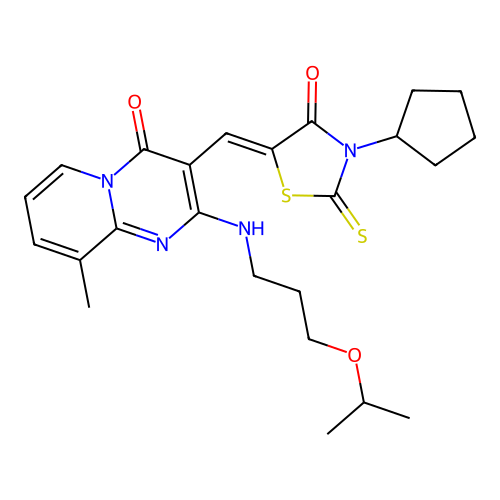 3-[(Z)-(3-cyclopentyl-4-oxo-2-thioxo-1,3-thiazolidin-5-ylidene)methyl]-9-methyl-2-{[3-(propan-2-yloxy)propyl]amino}-4H-pyrido[1,2-a]pyrimidin-4-one structure