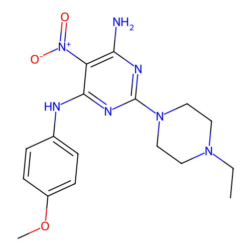 2-(4-ethylpiperazin-1-yl)-N4-(4-methoxyphenyl)-5-nitropyrimidine-4,6-diamine structure