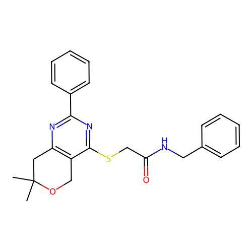 N-benzyl-2-((7,7-dimethyl-2-phenyl-7,8-dihydro-5H-pyrano[4,3-d]pyrimidin-4-yl)thio)acetamide structure