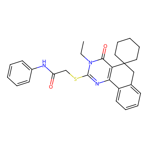 2-((3-ethyl-4-oxo-4,6-dihydro-3H-spiro[benzo[h]quinazoline-5,1'-cyclohexan]-2-yl)thio)-N-phenylacetamide structure