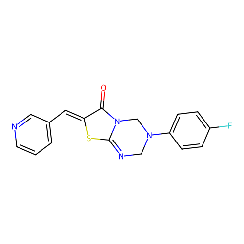 (7Z)-3-(4-fluorophenyl)-7-(pyridin-3-ylmethylidene)-2,4-dihydro-[1,3]thiazolo[3,2-a][1,3,5]triazin-6-one structure