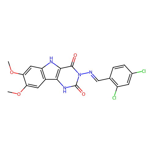 (E)-3-((2,4-dichlorobenzylidene)amino)-7,8-dimethoxy-1H-pyrimido[5,4-b]indole-2,4(3H,5H)-dione structure