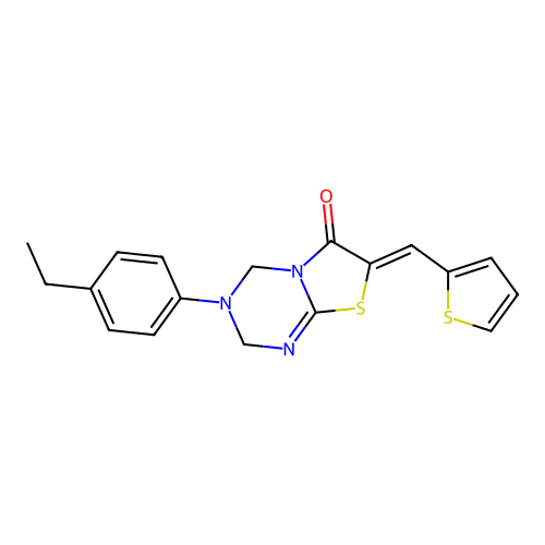 (7Z)-3-(4-ethylphenyl)-7-(thiophen-2-ylmethylidene)-2,4-dihydro-[1,3]thiazolo[3,2-a][1,3,5]triazin-6-one structure