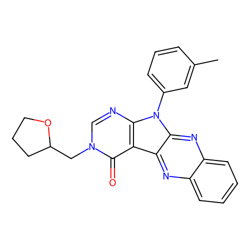 3-((tetrahydrofuran-2-yl)methyl)-11-(m-tolyl)-3H-pyrimido[5',4':4,5]pyrrolo[2,3-b]quinoxalin-4(11H)-one structure