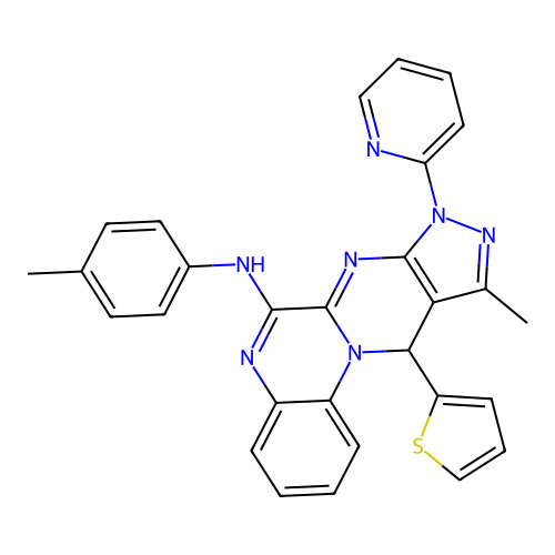 10-methyl-8-(pyridin-2-yl)-11-(thiophen-2-yl)-N-(p-tolyl)-8,11-dihydropyrazolo[3',4':4,5]pyrimido[1,2-a]quinoxalin-6-amine structure