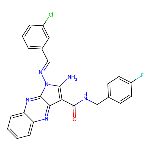 (E)-2-amino-1-((3-chlorobenzylidene)amino)-N-(4-fluorobenzyl)-1H-pyrrolo[2,3-b]quinoxaline-3-carboxamide structure