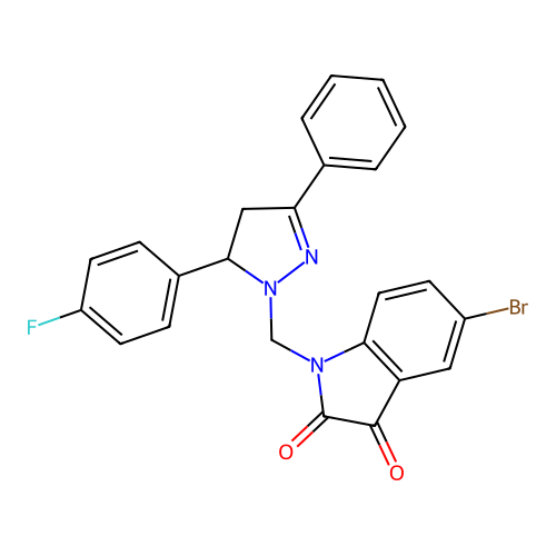 5-bromo-1-{[5-(4-fluorophenyl)-3-phenyl-4,5-dihydro-1H-pyrazol-1-yl]methyl}-1H-indole-2,3-dione structure