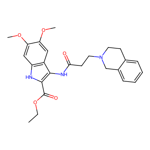 Ethyl 3-[3-(3,4-dihydro-1H-isoquinolin-2-yl)propanoylamino]-5,6-dimethoxy-1H-indole-2-carboxylate structure