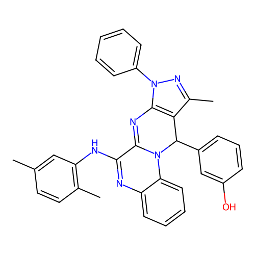 3-(6-((2,5-dimethylphenyl)amino)-10-methyl-8-phenyl-8,11-dihydropyrazolo[3',4':4,5]pyrimido[1,2-a]quinoxalin-11-yl)phenol structure