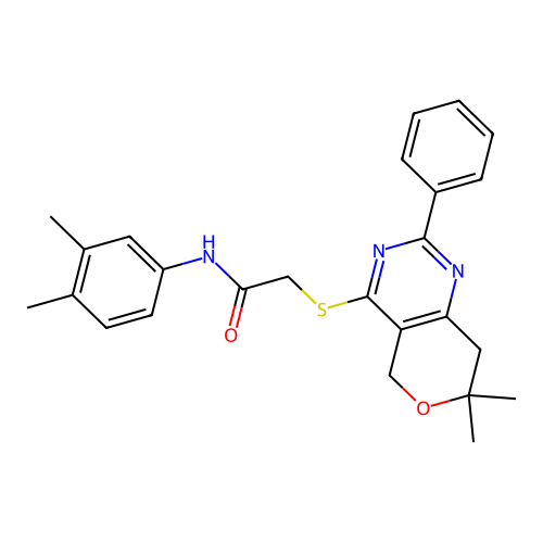 2-((7,7-dimethyl-2-phenyl-7,8-dihydro-5H-pyrano[4,3-d]pyrimidin-4-yl)thio)-N-(3,4-dimethylphenyl)acetamide structure