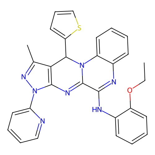 N-(2-ethoxyphenyl)-10-methyl-8-(pyridin-2-yl)-11-(thiophen-2-yl)-8,11-dihydropyrazolo[3',4':4,5]pyrimido[1,2-a]quinoxalin-6-amine structure
