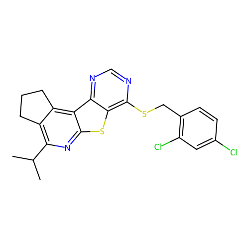 7-((2,4-dichlorobenzyl)thio)-4-isopropyl-2,3-dihydro-1H-cyclopenta[4',5']pyrido[3',2':4,5]thieno[3,2-d]pyrimidine structure