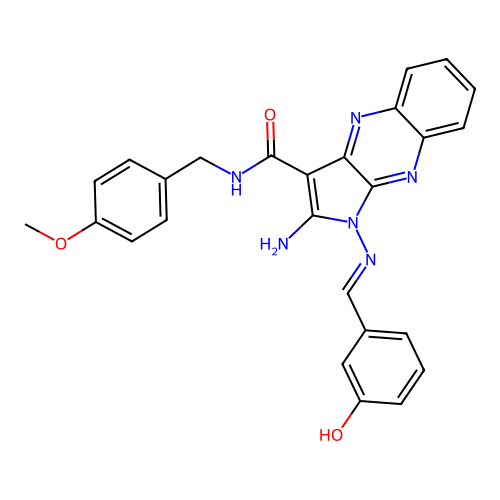(E)-2-amino-1-((3-hydroxybenzylidene)amino)-N-(4-methoxybenzyl)-1H-pyrrolo[2,3-b]quinoxaline-3-carboxamide structure