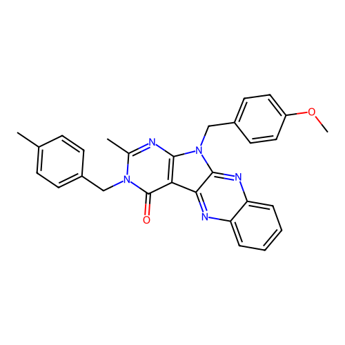 11-(4-methoxybenzyl)-2-methyl-3-(4-methylbenzyl)-3H-pyrimido[5',4':4,5]pyrrolo[2,3-b]quinoxalin-4(11H)-one structure