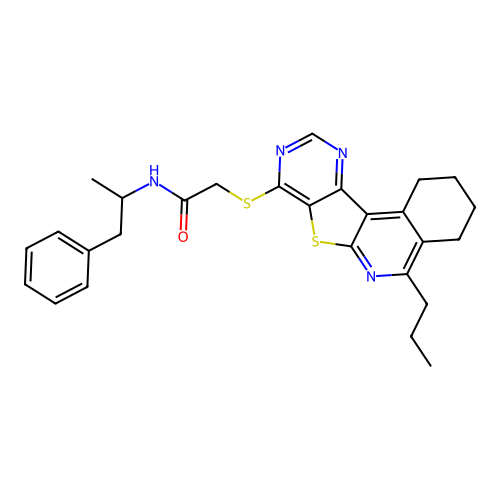N-(1-phenylpropan-2-yl)-2-((5-propyl-1,2,3,4-tetrahydropyrimido[4',5':4,5]thieno[2,3-c]isoquinolin-8-yl)thio)acetamide structure