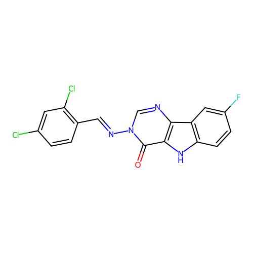 (E)-3-((2,4-dichlorobenzylidene)amino)-8-fluoro-3H-pyrimido[5,4-b]indol-4(5H)-one structure