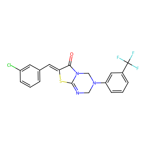 (7Z)-7-(3-chlorobenzylidene)-3-[3-(trifluoromethyl)phenyl]-3,4-dihydro-2H-[1,3]thiazolo[3,2-a][1,3,5]triazin-6(7H)-one structure