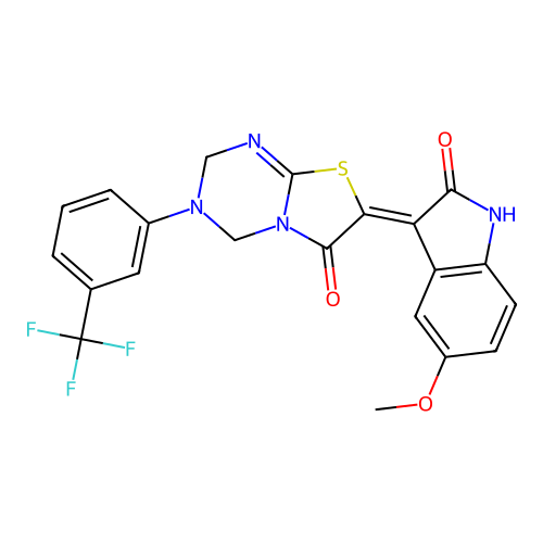 (7Z)-7-(5-methoxy-2-oxo-1,2-dihydro-3H-indol-3-ylidene)-3-[3-(trifluoromethyl)phenyl]-3,4-dihydro-2H-[1,3]thiazolo[3,2-a][1,3,5]triazin-6(7H)-one structure