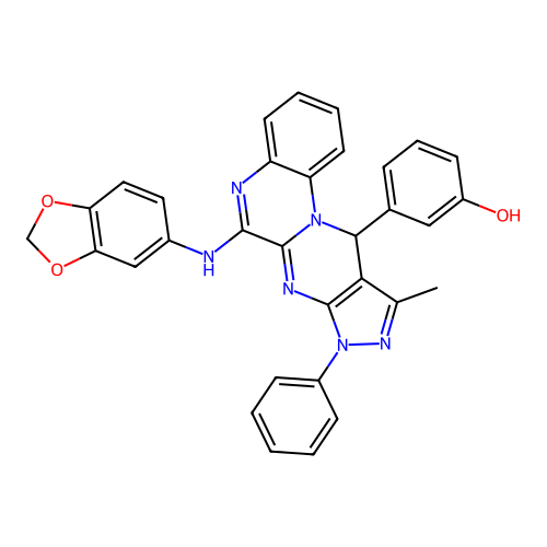 3-(6-(benzo[d][1,3]dioxol-5-ylamino)-10-methyl-8-phenyl-8,11-dihydropyrazolo[3',4':4,5]pyrimido[1,2-a]quinoxalin-11-yl)phenol structure