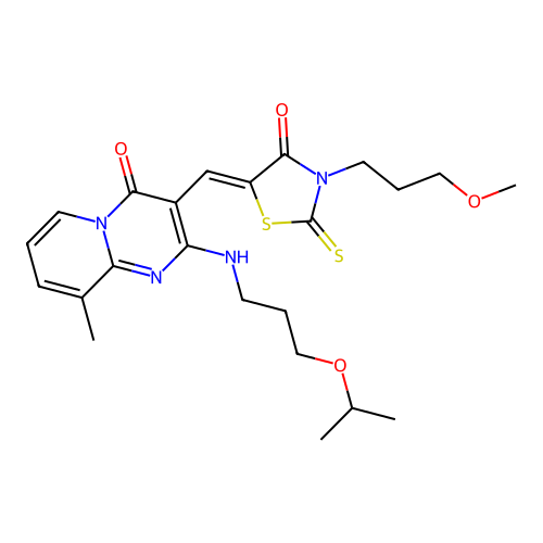 3-{(Z)-[3-(3-methoxypropyl)-4-oxo-2-thioxo-1,3-thiazolidin-5-ylidene]methyl}-9-methyl-2-{[3-(propan-2-yloxy)propyl]amino}-4H-pyrido[1,2-a]pyrimidin-4-one structure