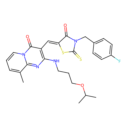 3-{(Z)-[3-(4-fluorobenzyl)-4-oxo-2-thioxo-1,3-thiazolidin-5-ylidene]methyl}-9-methyl-2-{[3-(propan-2-yloxy)propyl]amino}-4H-pyrido[1,2-a]pyrimidin-4-one structure