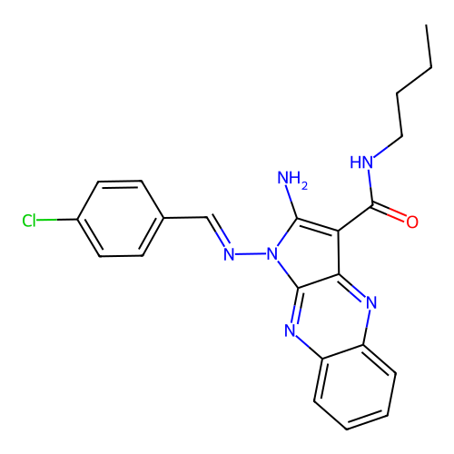 (E)-2-amino-N-butyl-1-((4-chlorobenzylidene)amino)-1H-pyrrolo[2,3-b]quinoxaline-3-carboxamide structure