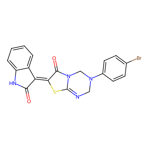 (Z)-3-(4-bromophenyl)-7-(2-oxoindolin-3-ylidene)-3,4-dihydro-2H-thiazolo[3,2-a][1,3,5]triazin-6(7H)-one structure